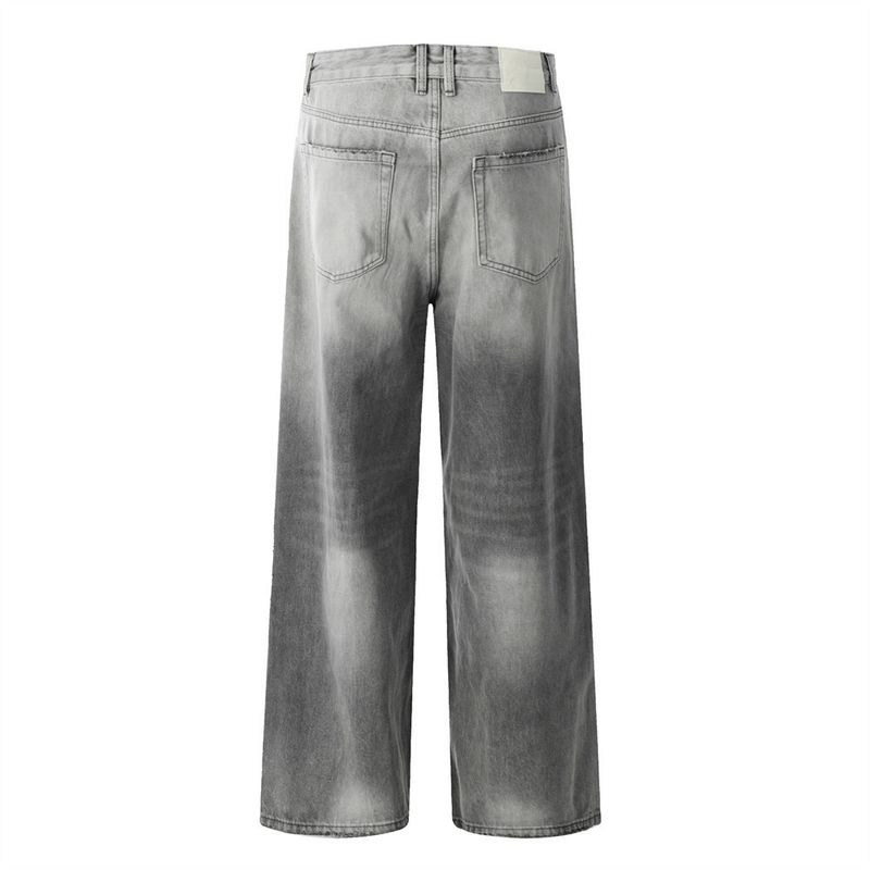Heavy-duty Washed Gradient Denim Straight-leg Men's Long Pants Street Fashion Punk Frayed Distressed White-washed Loose_voghion.com