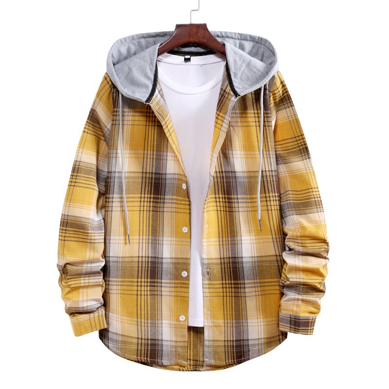 Neues langärmliges Plaid für Männer für Paare, lässiges, lockeres Strickjackenhemd mit Kapuze für Jugendliche_voghion.com