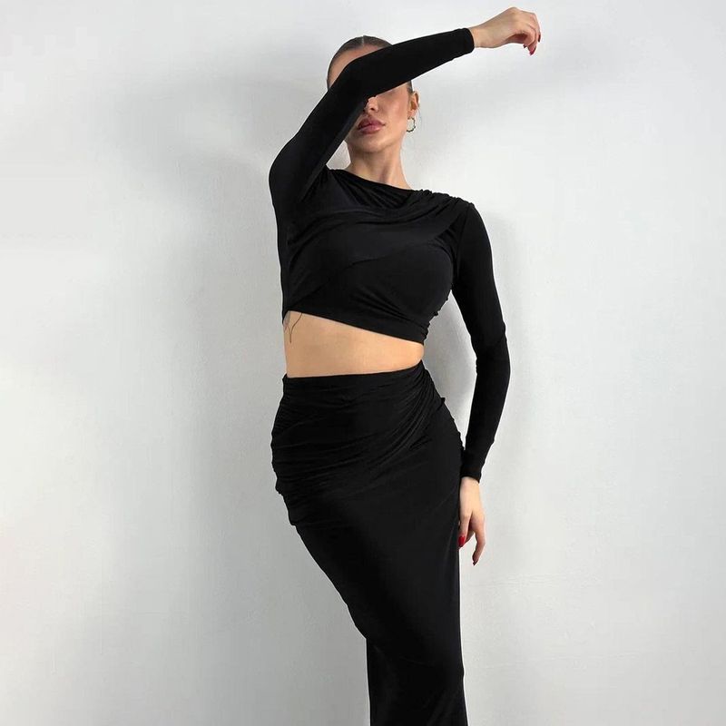 2024 Autunno Inverno Nuova Moda Donna Girocollo Manica Lunga Crop Top Slim Fit Gonna Set Due Pezzi_voghion.com