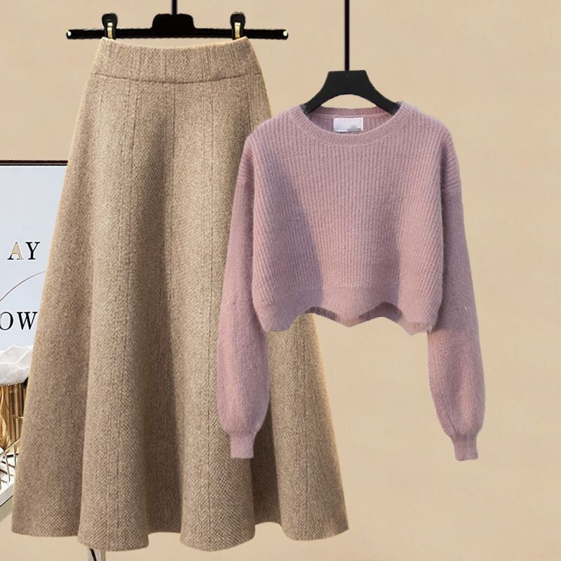 Ensemble d'hiver grande taille pour femme - Pull en maille douce et jupe trapèze flatteuse (deux pièces) (Plusieurs coloris disponibles)_voghion.com