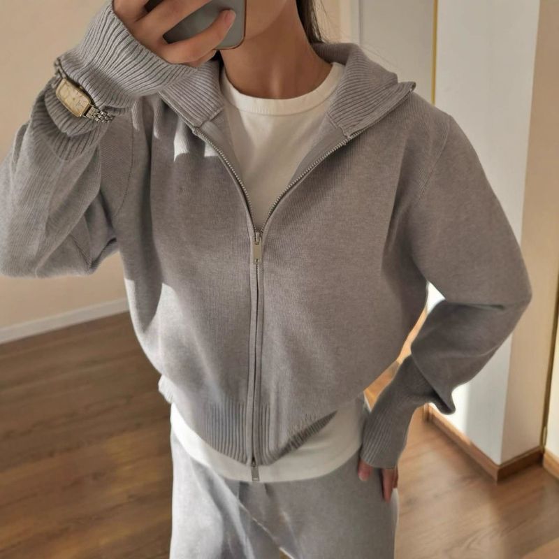 Herbst-Neues Damen-Pendler-Sweatshirt mit langen Ärmeln, zweiteiliges Set mit Doppelreißverschluss, Strickjacke, Freizeitjacke, Hose, Trainingsanzug_voghion.com