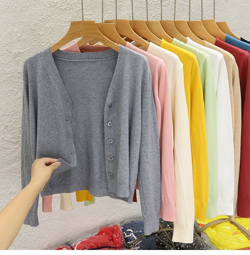 Kurzer Strick-Cardigan für Damen mit V-Ausschnitt, leicht, langärmlig, vorne offen, dehnbar, schmale Passform, vielseitiges Lagenoberteil für Freizeit und Büro_voghion.com