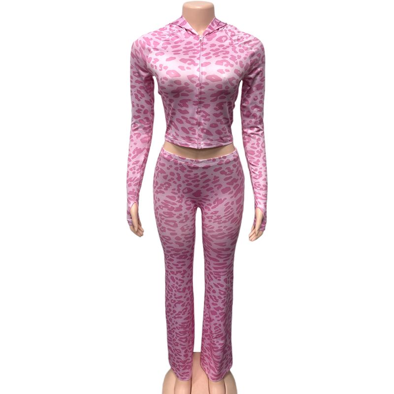 Women's Stylish Printed Hooded Zip-up Jacket & Slim-fit Pants Set - Soft Pink / Elegant Gray / Fresh Green - S/M/L_voghion.com