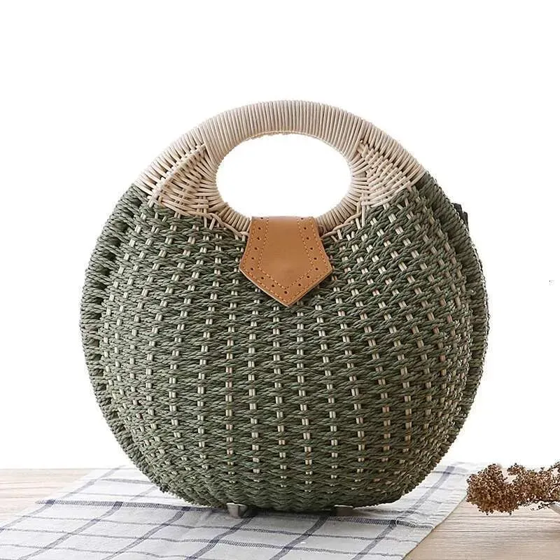 Borse in rattan: borsa rotonda con manico superiore in tessuto naturale intrecciato - borsa da spiaggia estiva bohémien, pochette alla moda_voghion.com
