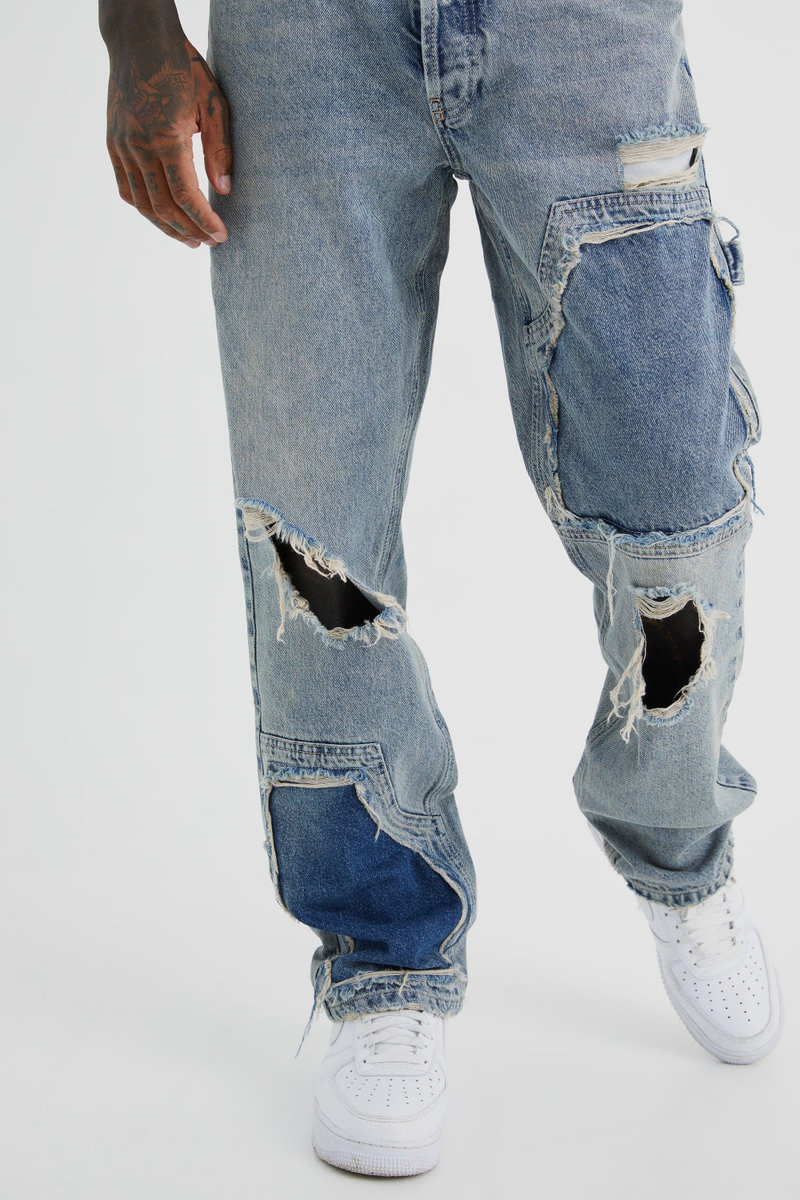 Herrenbekleidung Hochwertige Jeans mit Bären-Print für Männer Patchwork-Farbverlauf-Patchwork-Denim Herren-Freizeithose im neuen Stil_voghion.com