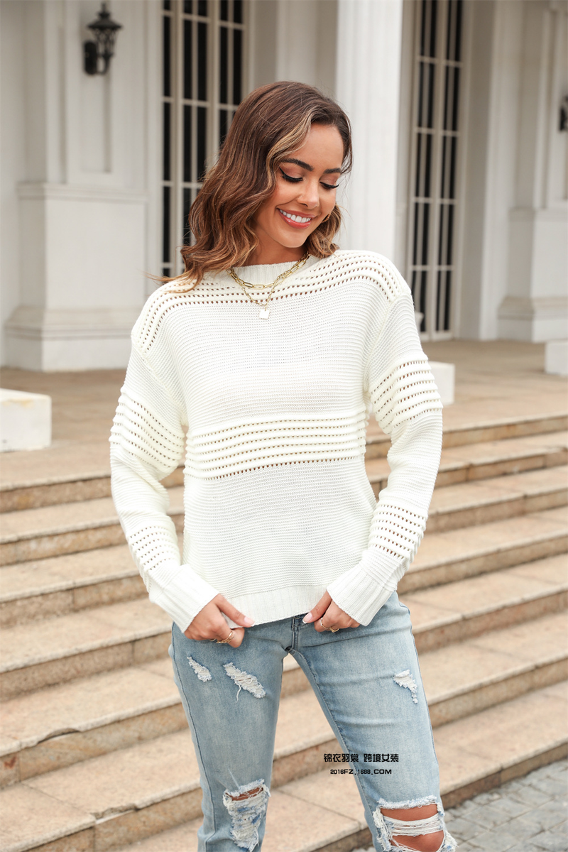 Maglione lavorato a maglia tinta unita da donna, camicia con fondo, maglione pullover a righe a maniche lunghe, moda donna_voghion.com