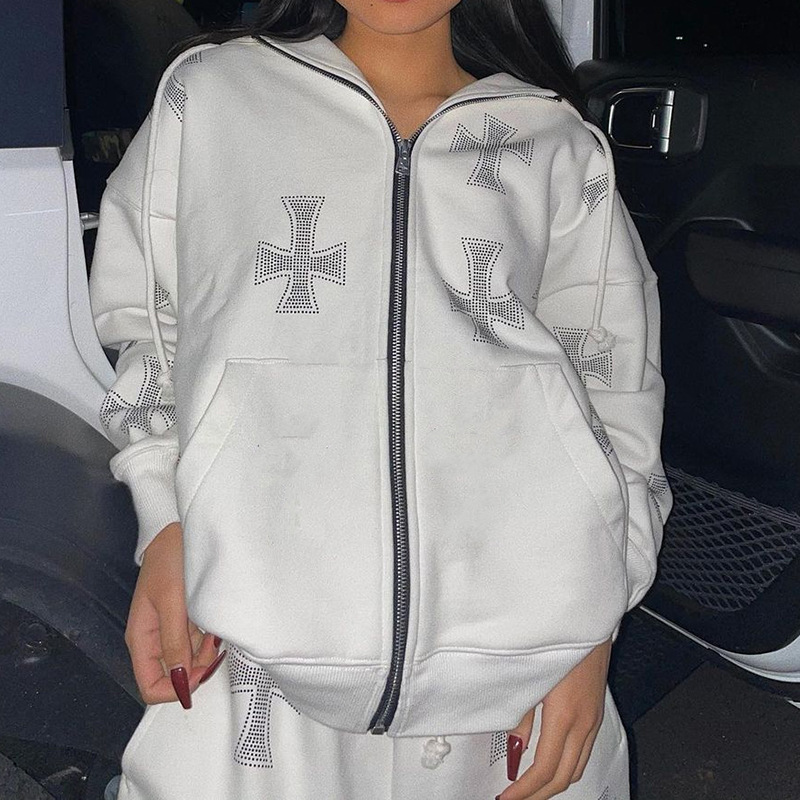 Women's Streetwear Hoodie & Pants Set With Cross Rhinestone Zipper - Oversized Pullover & Joggers Outfit For Fall (White, Black)_voghion.com