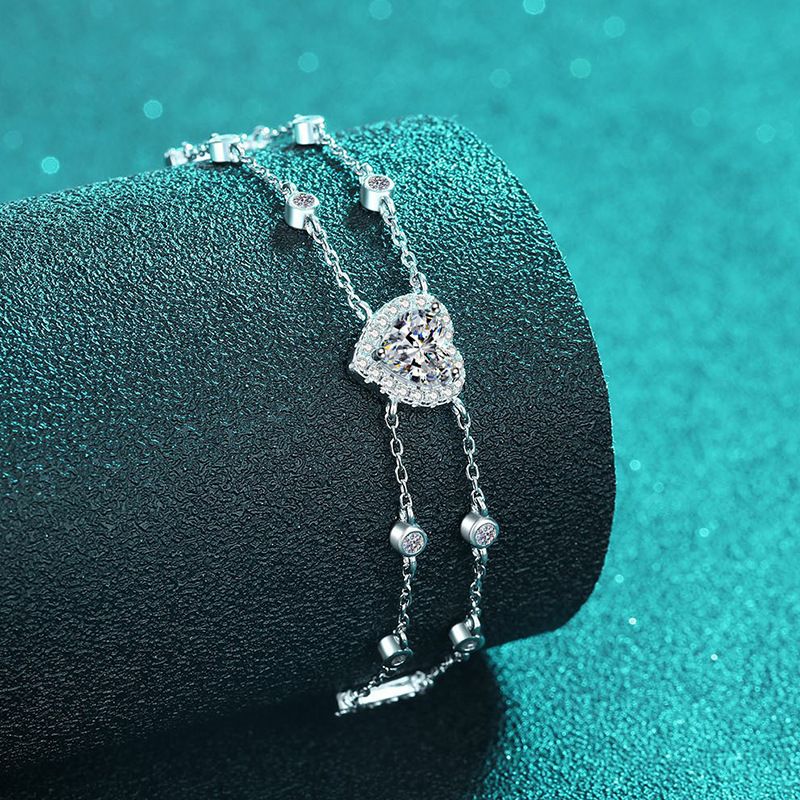 S Sterling Silver Handcrafted Mosang Stone Bracelet With Heart-shaped Edging Precious Blue Color Stone, Sweet And Cute_voghion.com