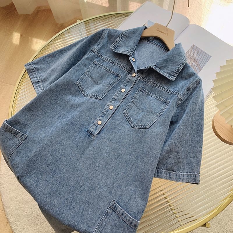 Small Denim Dress With Polo Collar, Button Up Half Front, Work Pocket, Loose Fitting Straight Tube Shirt Skirt_voghion.com