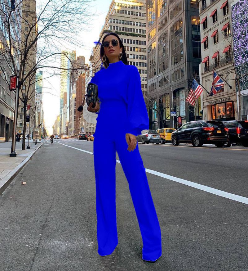 Women's Clothing Half high collar lantern sleeves simple and capable jumpsuit jumpsuit_voghion.com