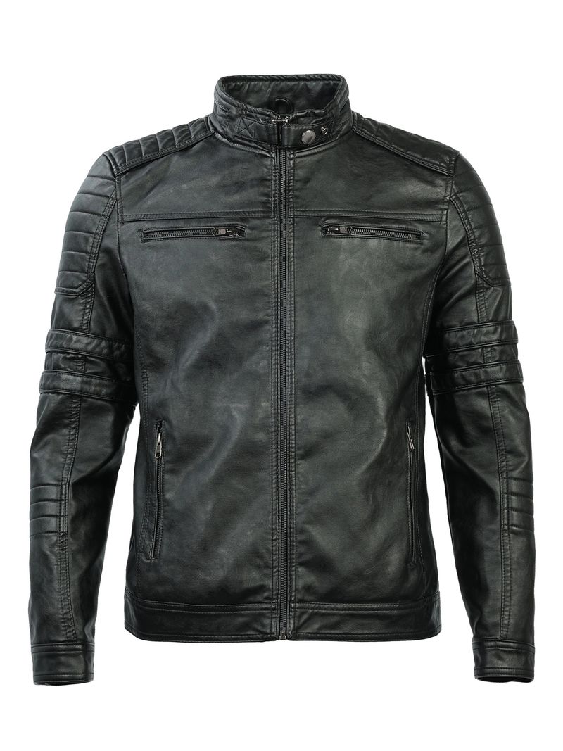 Men's Slim Fit PU Leather Biker Jacket With Multiple Zippers, Stand Collar, Winter Motorcycle Riding Jacket For Teens & Young Adults_voghion.com