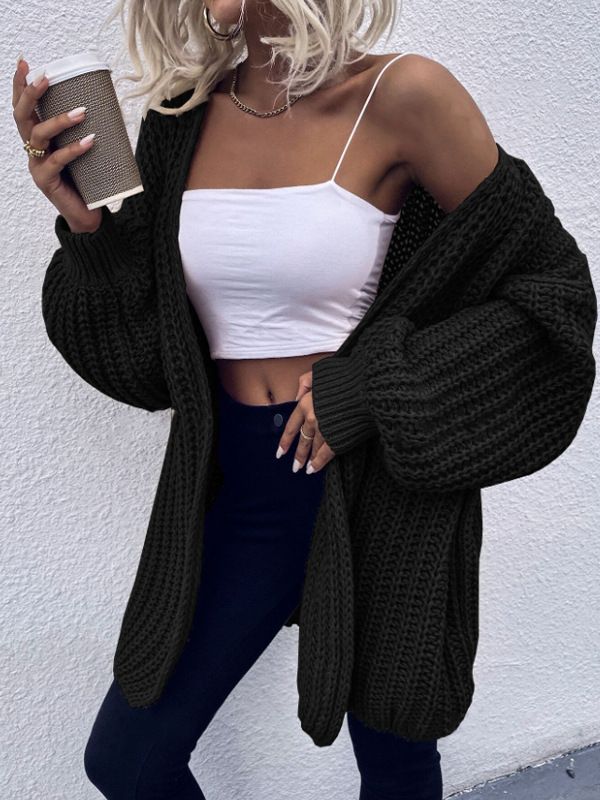 Women's Clothing Fashion Knitted Cardigan Temperament V Neck Solid Color Long Sleeved Sweater Jacket_voghion.com