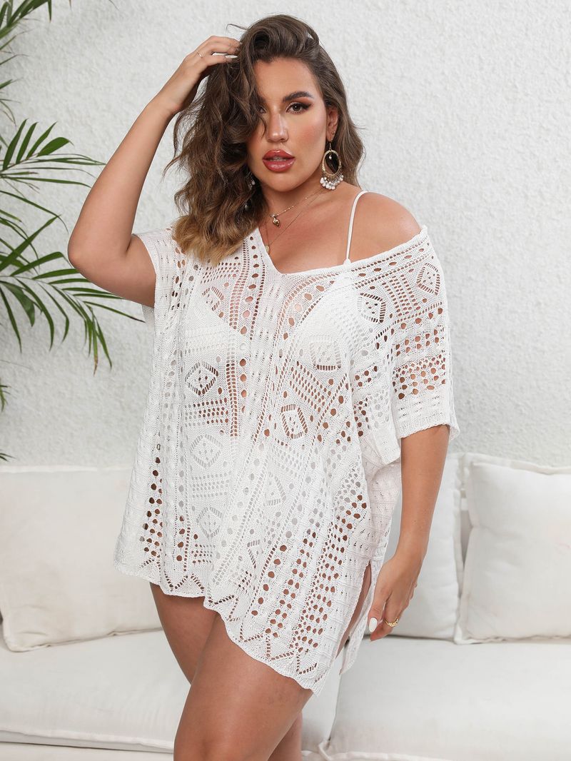 Women's bikini cover-up large size women's woven shirt hollow deep V beach dress_voghion.com