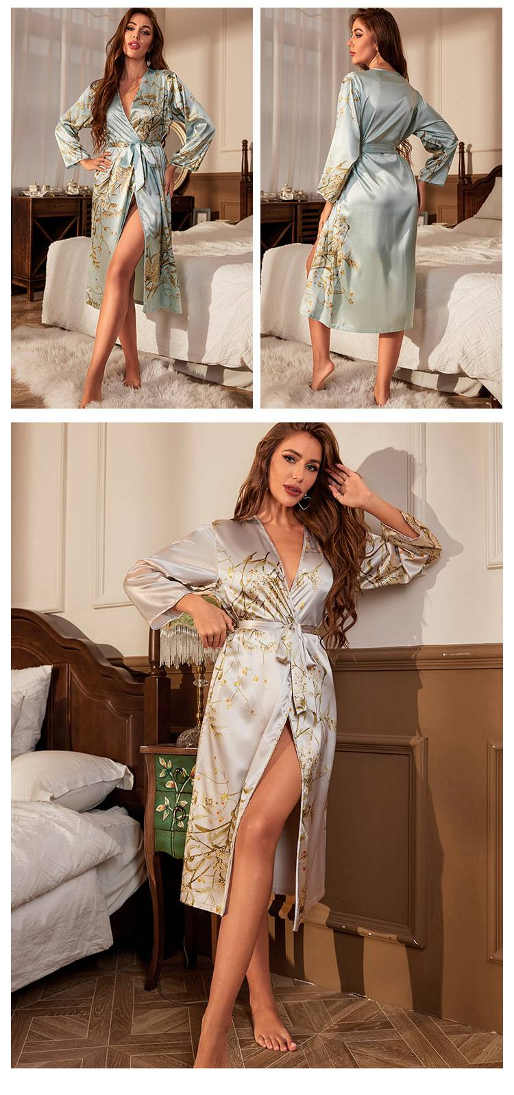 Bedrukt nachthemd met lange mouwen, sexy nachthemd voor dames met stropdas, eenvoudige pyjama in vest-stijl, badjas van ijszijde._voghion.com