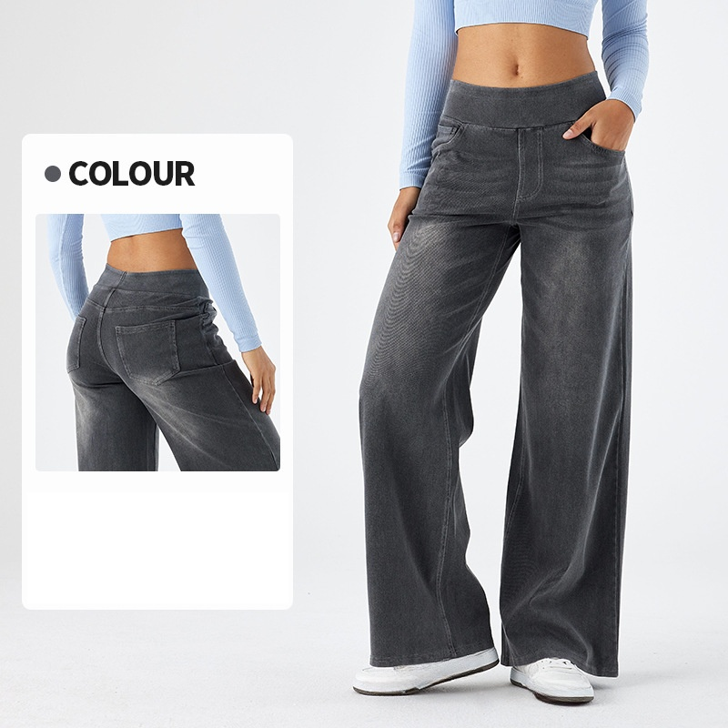 Femeii pantaloni largi din denim cu picior larg talie înaltă slăbire pantaloni scurți cu mai multe buzunare drepte vrac pisică mustăți maimuță pantaloni casual_voghion.com