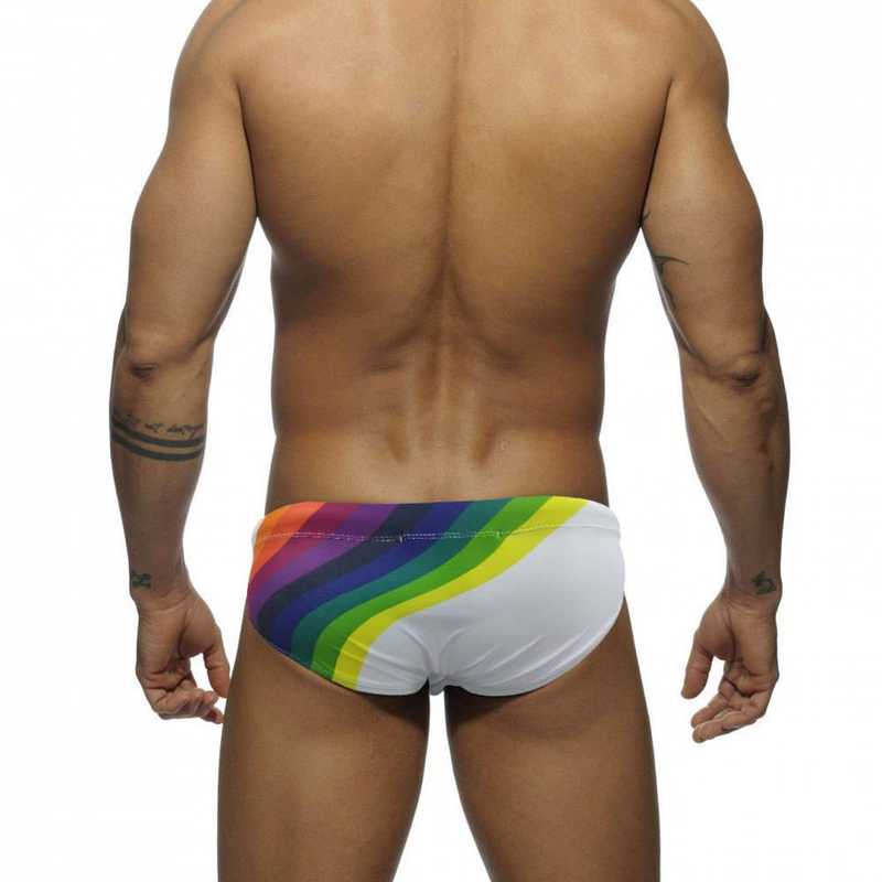 Men's Swimming Trunks With Rainbow Print, Low Waist, Men's Triangle Swimming Trunks, Cup Cover, Anti-embarrassment Tie, Beach Pants_voghion.com