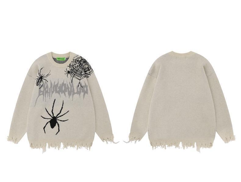 Herrenbekleidung Herren- und Damen-College-Pullover mit Rundhalsausschnitt – Street-Hip-Hop-Strickpullover im Spider-Distressed-Design für Teenager und junge Erwachsene_voghion.com