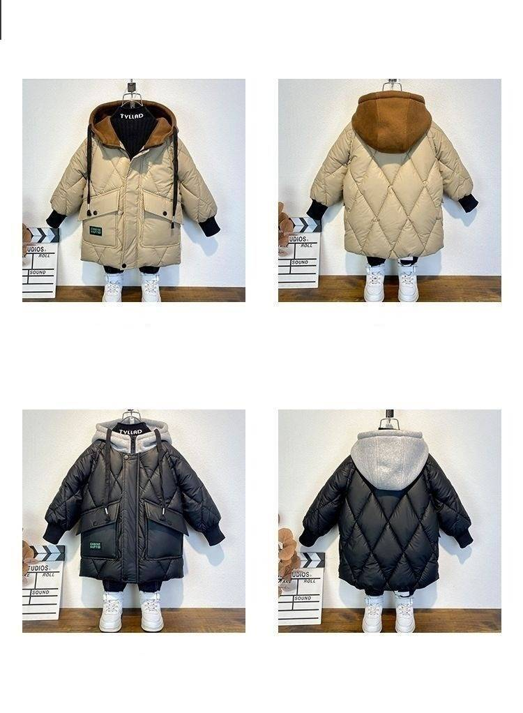 Boys Winter Coat With Fleece Lining, Thickened Long Puffer Jacket For Kids, Warm Hooded Outerwear For Cold Weather_voghion.com