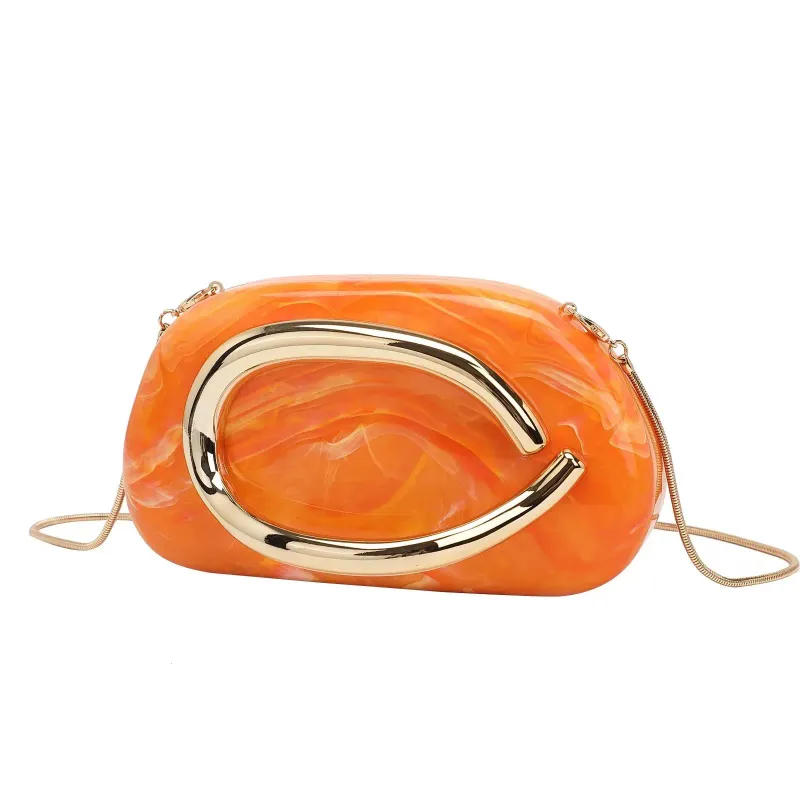 Borsa da sera a tracolla in acrilico elegante da donna, in marmo arancione perla, con pochette solida, per matrimonio, festa, 250529l_voghion.com