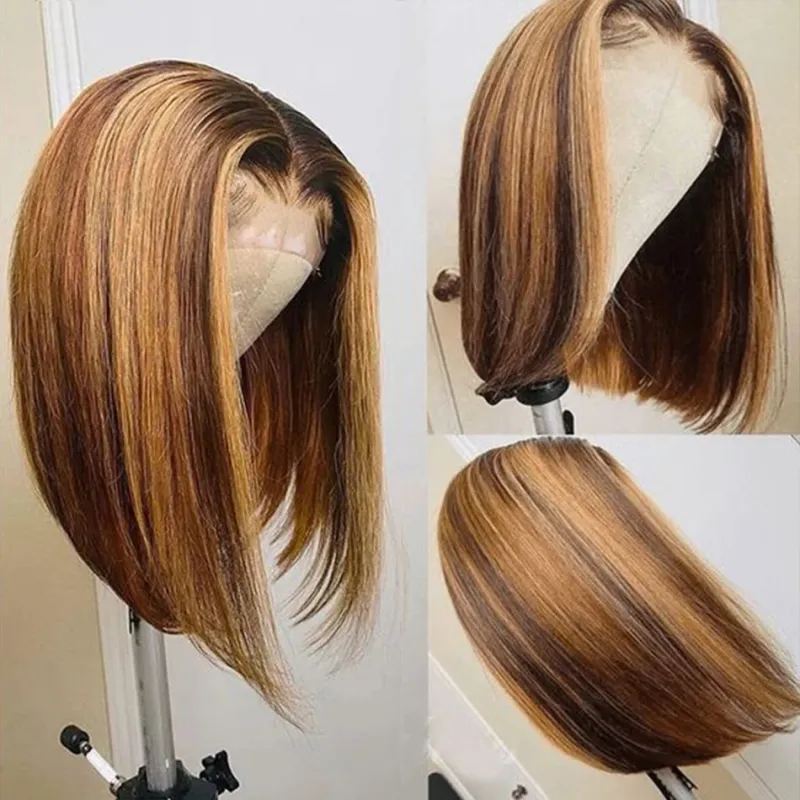 Parrucca brasiliana 4x4 con chiusura in pizzo Evidenziare Parrucche colorate per capelli umani Evidenziare Parrucche Bob marroni Capelli lisci Remy 180 Densità In vendita_voghion.com