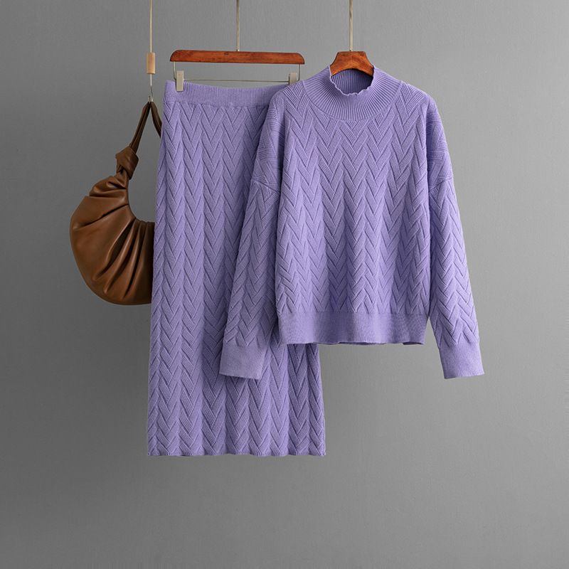 Women's Jacquard Knit Set – Mock Neck Top & Midi Skirt (One Size, Viscose-Blend, Black/Beige/Khaki/Olive/Lavender, Fall Workwear Collection)_voghion.com