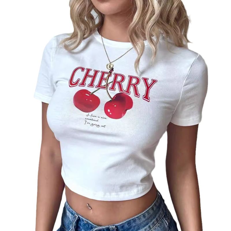 Nyári új, karcsúsító, fűszeres lányos, Y2K rövid fazonú, kisméretű, friss gyümölcsös cseresznyemintás póló, női felső_voghion.com