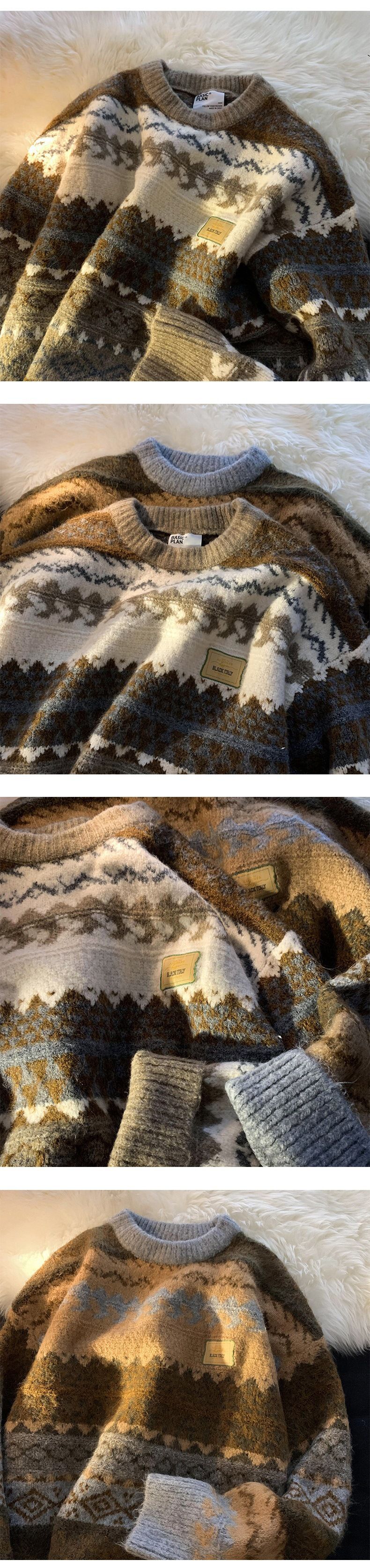 Loose Fit Knit Sweater - Vintage Winter Pullover For Men, Oversized Casual Crewneck With Jacquard Pattern_voghion.com