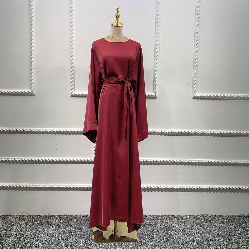 Naher Osten Türkei Neue Ankunft Lose Große Größe Gürtel Reine Farbe Midi Kleid frauen Abaya Mode Komfortable Fit Und Flare kleider Kaftan_voghion.com
