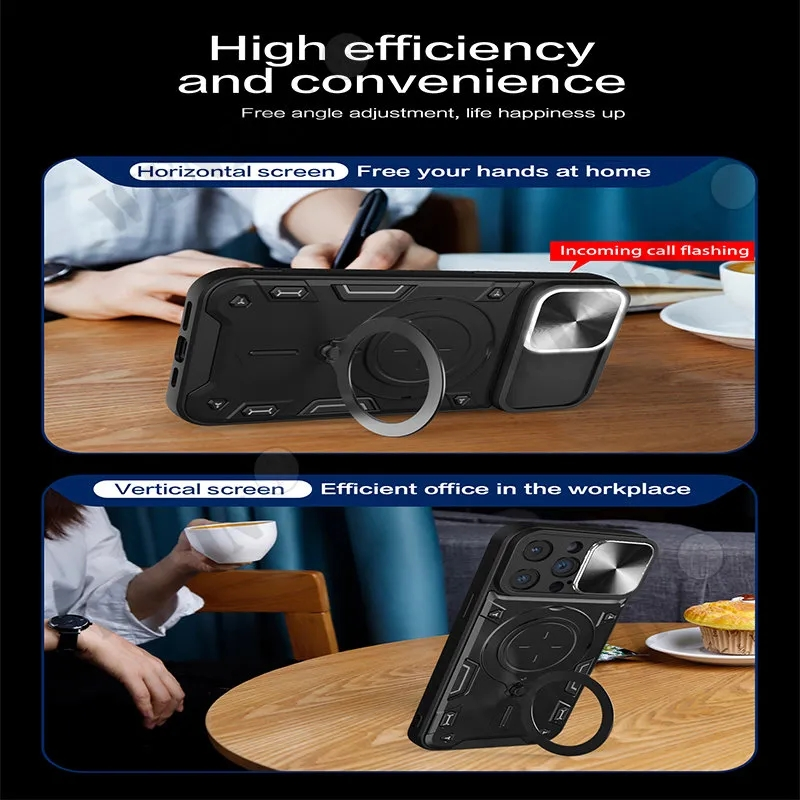 Hülle fir iPhone 15 14 13 12 11 Pro Max 8 7 Plus Magnéitesch rotéierend Schiebekamera 360 Grad rotéierend Standhülle Cover_voghion.com