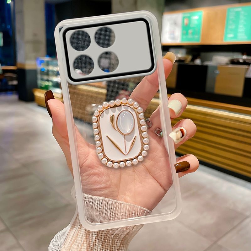 Handyhülle für Poco F6 Pro mit Ständerhalter aus Perlenblumenmuster, vollständiger Kameraschutz, transparente Softcover_voghion.com