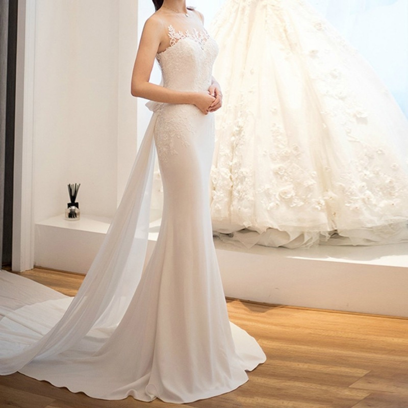 Women's Long Mid-waist Wedding Dreamy Slim Sleeveless See-through Super Fairy Light Wedding Dress_voghion.com