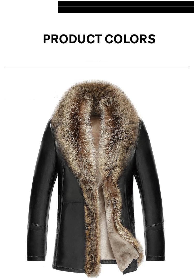Abrigo largo de piel de mapache de invierno con cuello de piel grande para hombre abrigo de cuero grueso_voghion.com