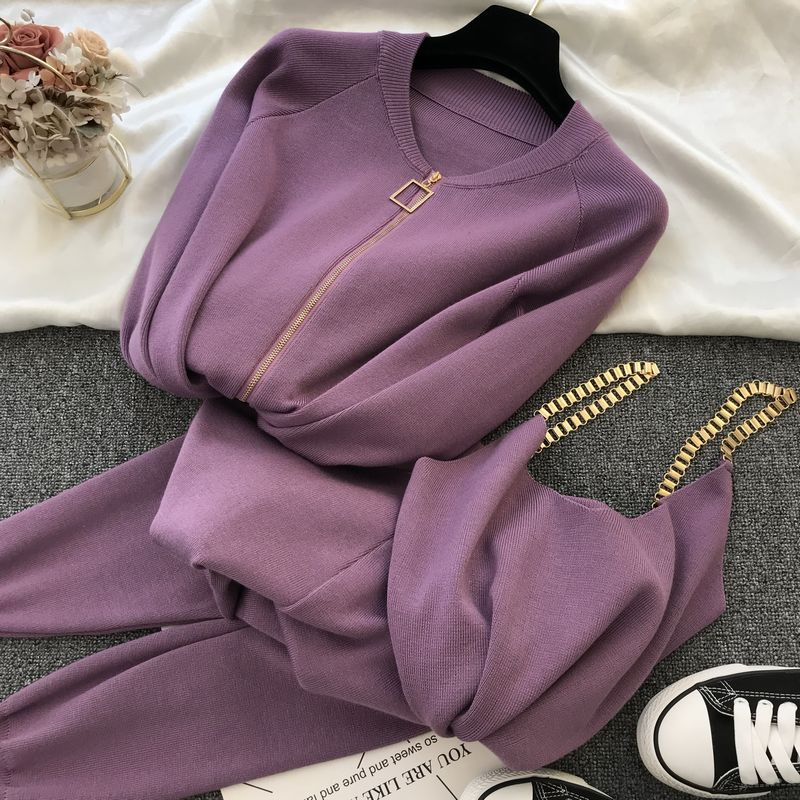 Dammekleedung modesch gestréckte V-Hals Pullover + Casual Hosen Zwee-Stéck Set_voghion.com