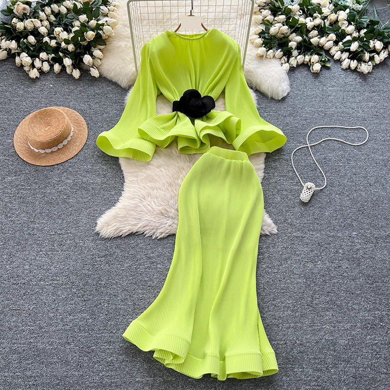 Women's Clothing Fashionable Strap Waist Flared Sleeves Pleated Top High Waist Hip Hugging Fishtail Skirt_voghion.com