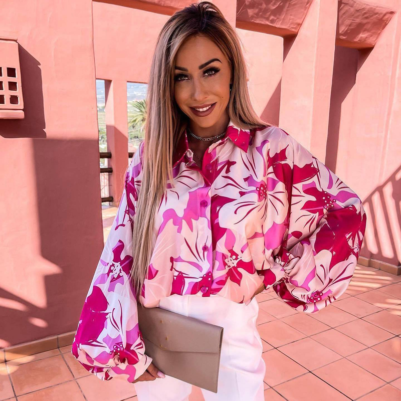 Nuova camicia casual ampia monopetto a maniche lunghe con risvolto e stampa alla moda da strada_voghion.com