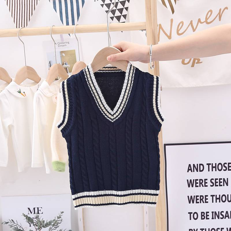Gilet en tricot pour enfant avec motif ours brodé – Gilet en acrylique doux à col en V pour garçons et filles (90-140 cm) – Tenue décontractée rayée pour toutes les saisons_voghion.com