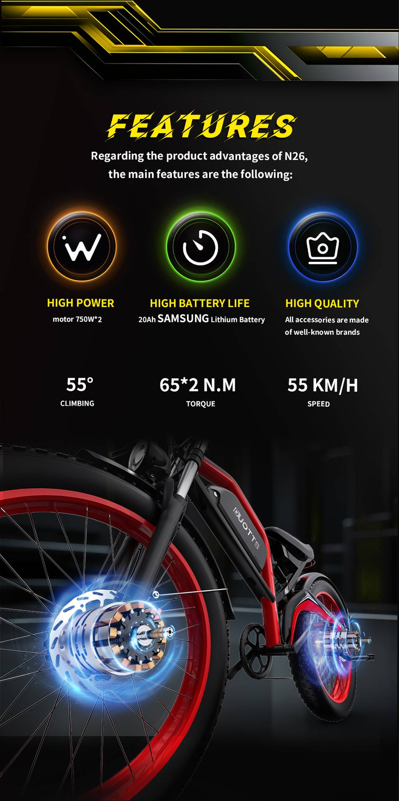DUOTTS N26 Elektro-Mountainbike | 55 km/h Offroad-Modus | 180 kg Nutzlast | Vorderradfederung und hydraulische Bremsen | StVO-konform für EU-Straßen_voghion.com