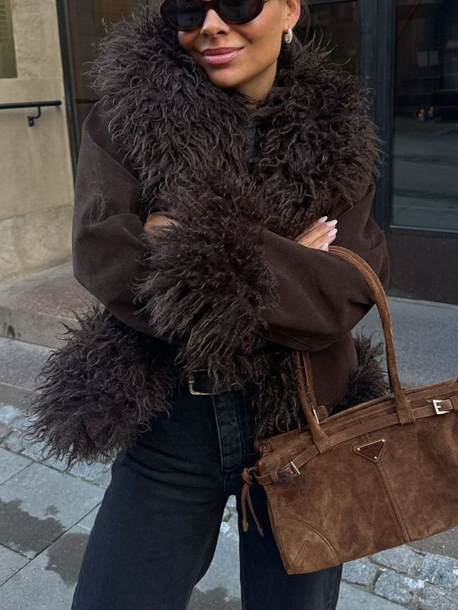 Women's Clothing Faux Fur Coat – Slim-Fit Long Sleeve Jacket With Plush Collar, Winter Outerwear (Dark Brown)_voghion.com