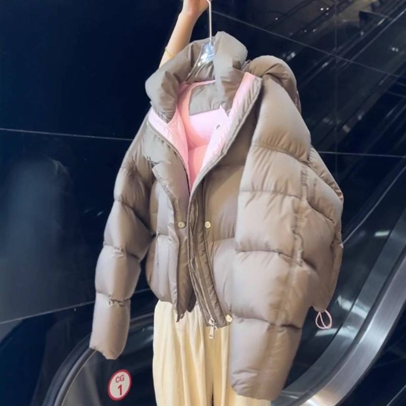 Damenbekleidung Kurze Khaki-Graue Pufferjacke Koreanischer Stil Wintermantel Lässige Oberbekleidung mit Kapuze Für Petite_voghion.com