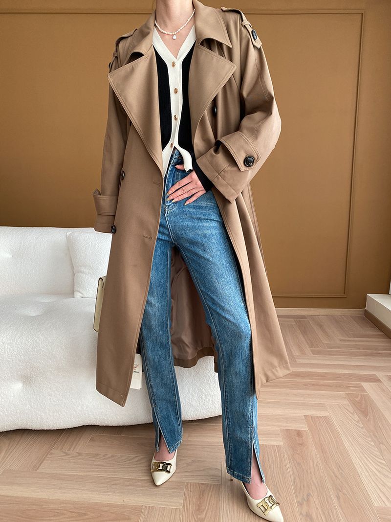 Trench lungo doppiopetto minimalista di lusso da donna, antipiega, per autunno inverno_voghion.com
