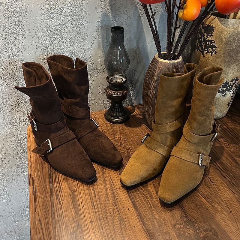 Retro Suede Square Toe Mid Length Boots For Women's Autumn And Winter Low Heeled Short Boots, 2025 Autumn And Winter New Versatile Women's Boots_voghion.com
