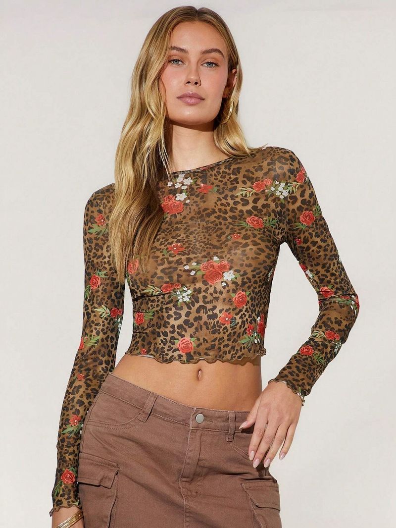 2025 Frühling Sommer Neue Damen Leopard Blumendruck Mesh Rundhals Kurz Langarm T-Shirt Top_voghion.com