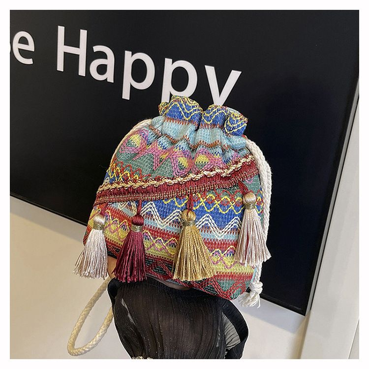 Borsa a secchiello da donna, stile etnico, borsa a tracolla con coulisse e nappa, borsa a secchiello da donna_voghion.com