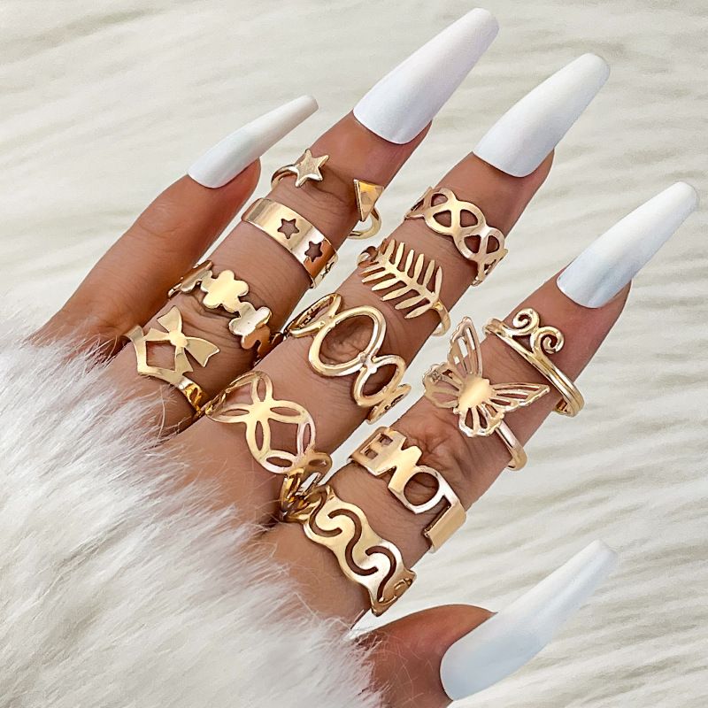 Jewelry INS Minimalist Style Gold Color Hollow Ring Personality Simple Geometric Multi-piece Set Stacking Rings_voghion.com