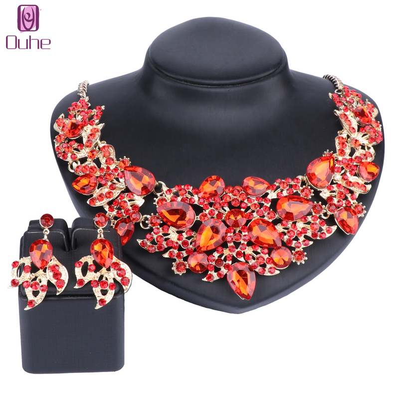 Set di bigiotteria da donna, da sposa, con strass, in cristallo, con collana di fiori e orecchini, per feste_voghion.com