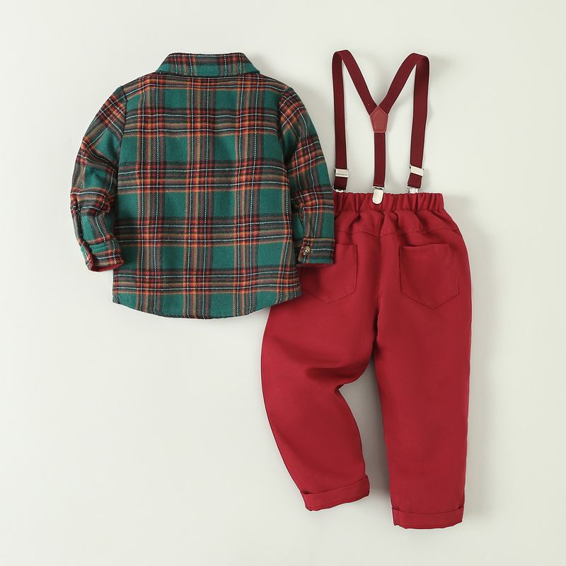 Novo conjunto de terno xadrez da moda para meninos com gola de laço, calças e conjunto de duas peças para crianças de pequeno e médio porte_voghion.com