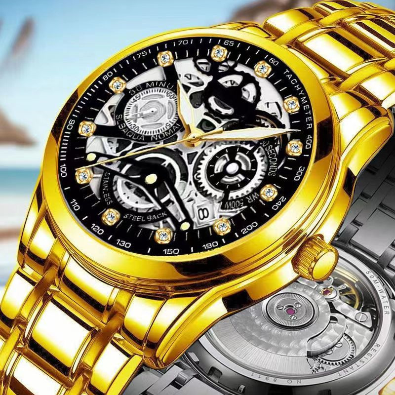 Hohle automatische nichtmechanische Quarzuhr, transparente, niedrige Tourbillon-Herren-Wasserdichte Armbanduhr_voghion.com