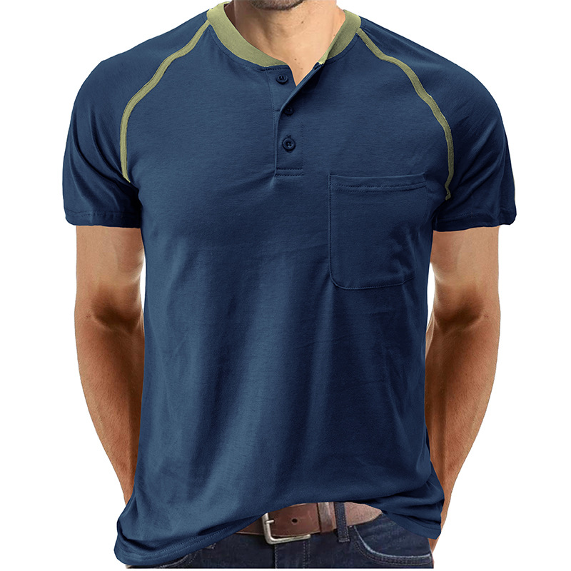 2023 Sommer Henry Shirt Farbblock Kurzarm Herren T-Shirt_voghion.com
