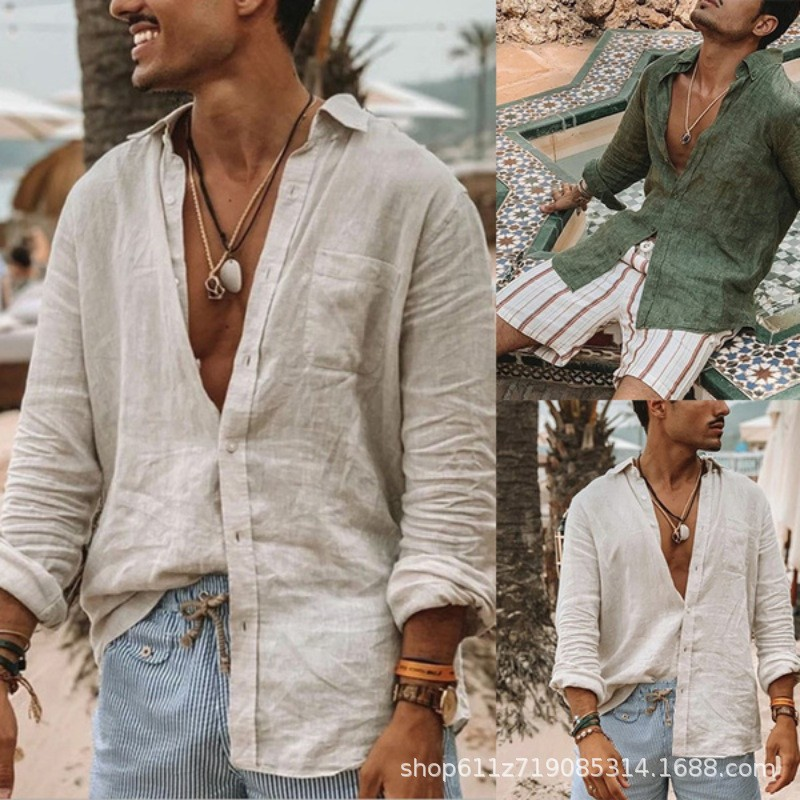 Camicia da spiaggia da uomo autunno nuova tinta unita in cotone e lino con risvolto casual sciolto a maniche lunghe cardigan da uomo_voghion.com