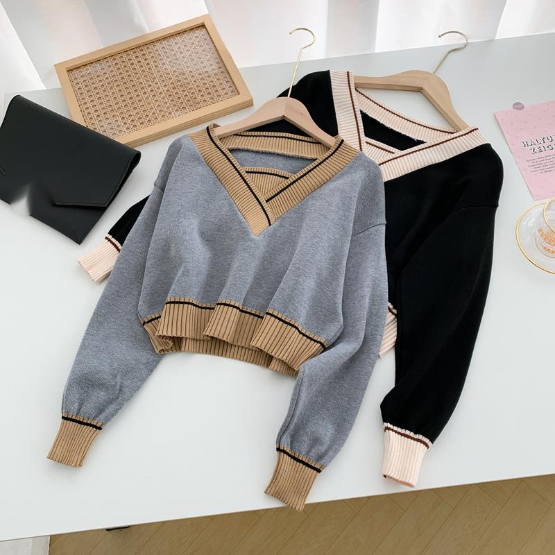 Pull ample à col en V de style occidental pour femme au printemps et en automne, nouveau pull court en tricot à blocs de couleurs,_voghion.com
